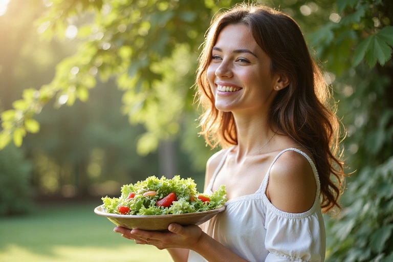 Mujer sonriendo feliz mientras disfruta de una ensalada fresca y colorida, simbolizando bienestar y nutrición holística.