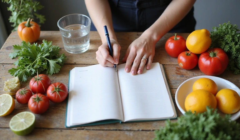 Persona escribiendo en un diario de alimentos junto a frutas, verduras y un vaso de agua.