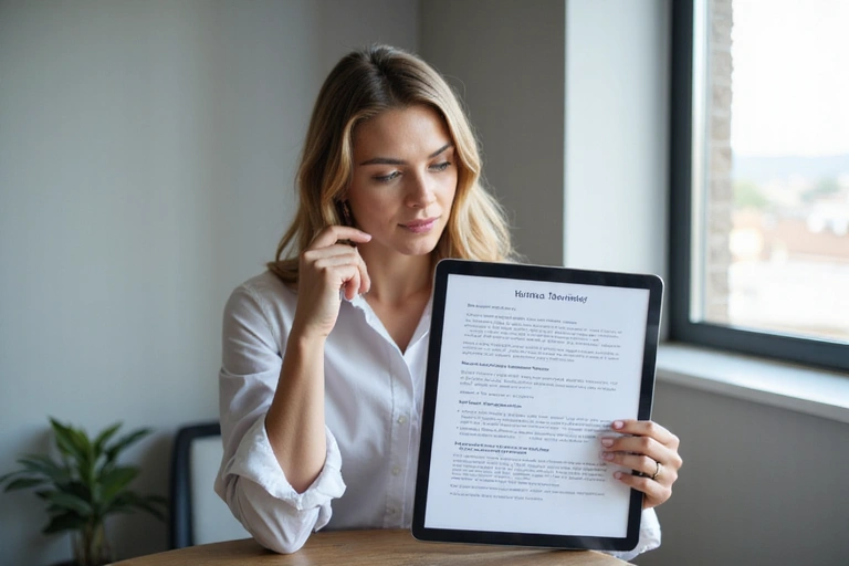 Mujer leyendo un documento con un diseño moderno de fondo